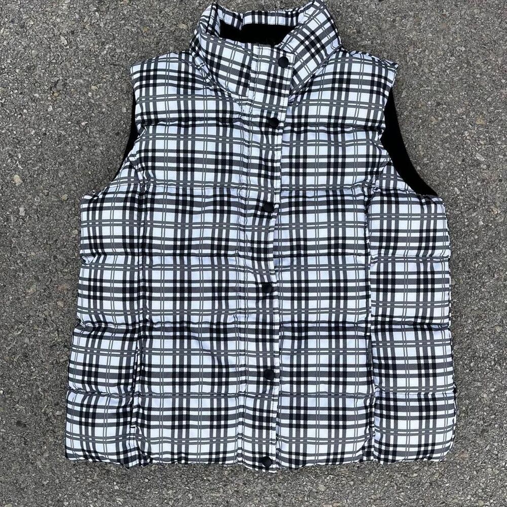 FADED GLORY BLACK WHITE & PLAID PUFFER VEST WOMEN'S SIZE L